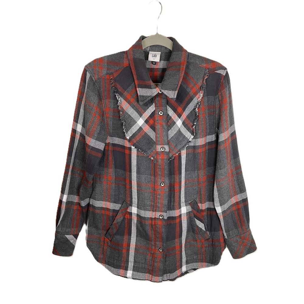 Cabi Tavern Shirt Shacket Small Plaid Frayed Trim Button Front Pockets